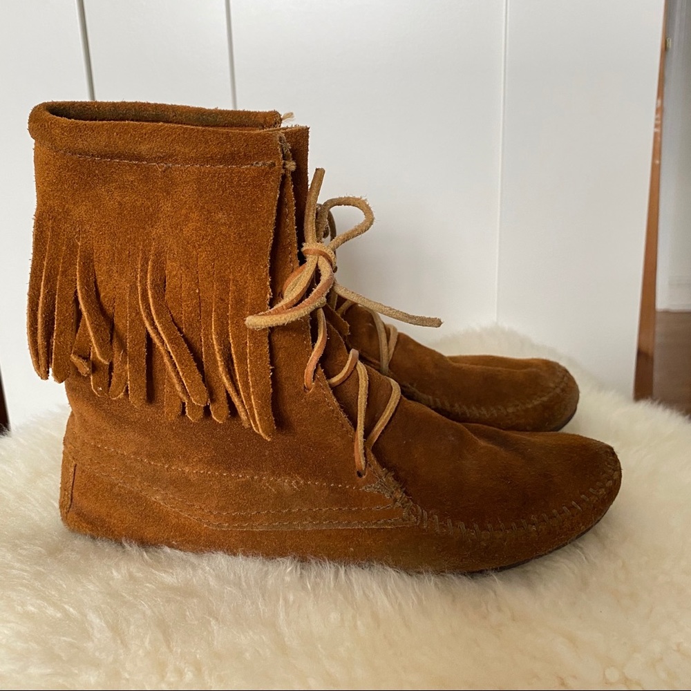 Minnetonka Moccasins Fringe Suede Ankle Booties